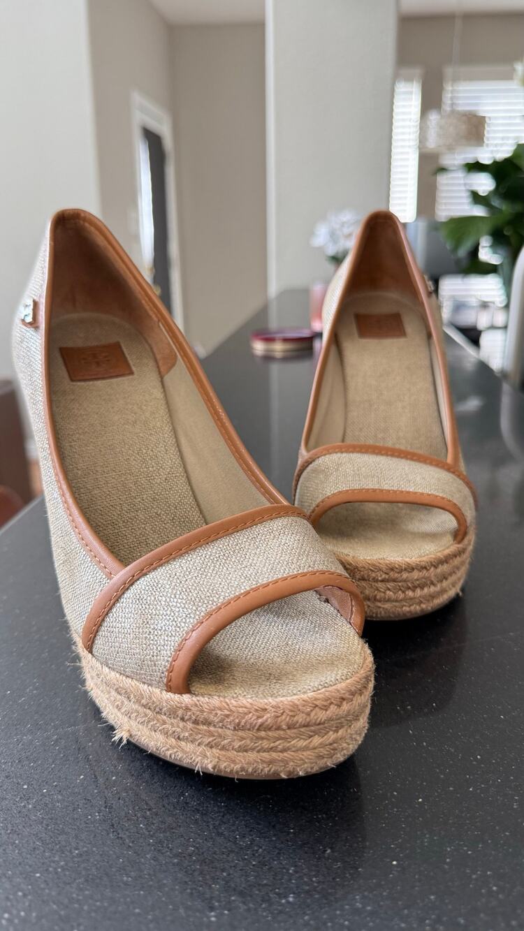 Tory Burch Canvas Espadrille Peep Toe Wedges Size 9